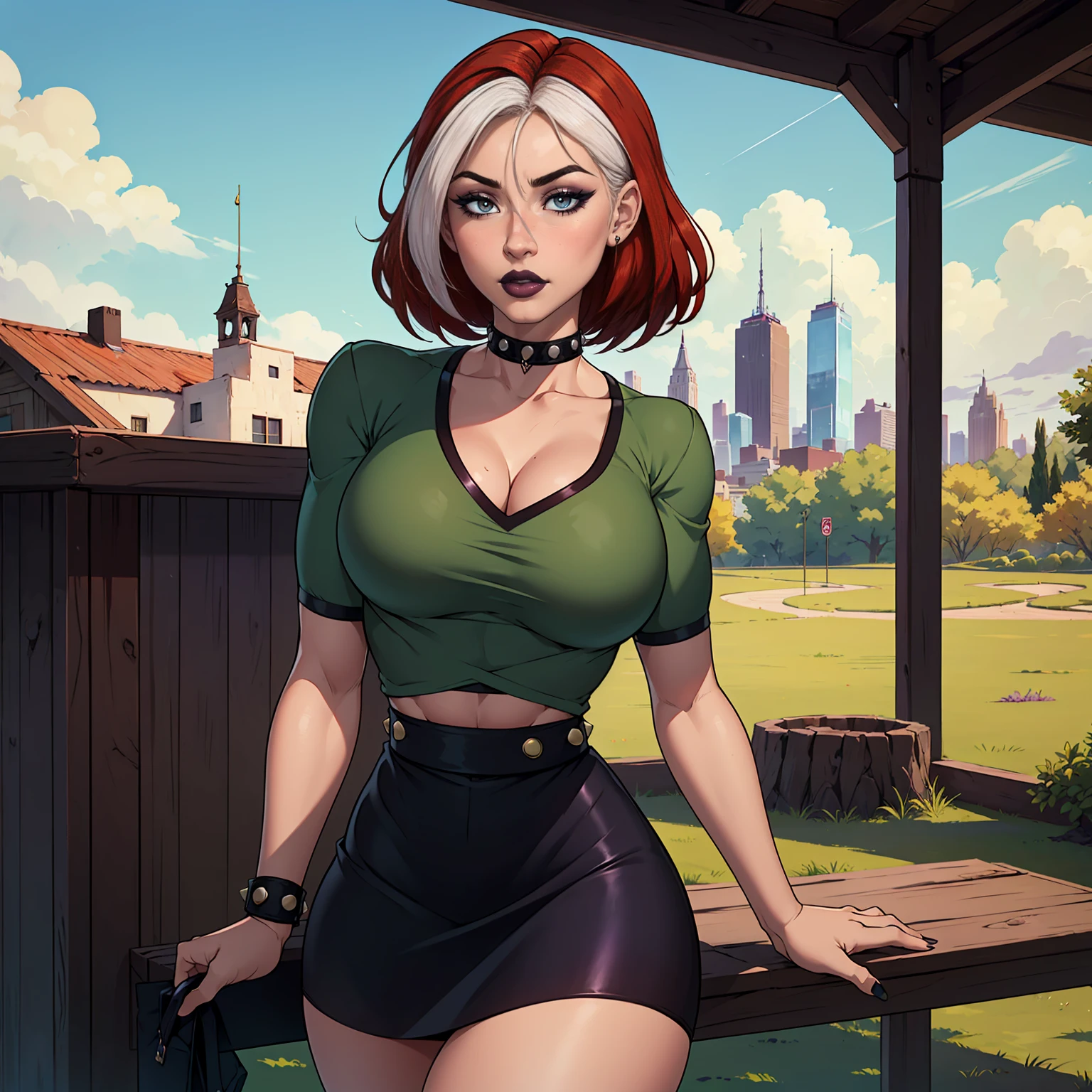 (work of art, best qualityer, ultra detali), 1 girl, RogueXME, two tone hair, (Red hair), whitebangs, greeneyes, purple makeup, Purple Lipstick, studded collar, medium breasts, green shirt, Black Skirt, mini-skirt, plein-air