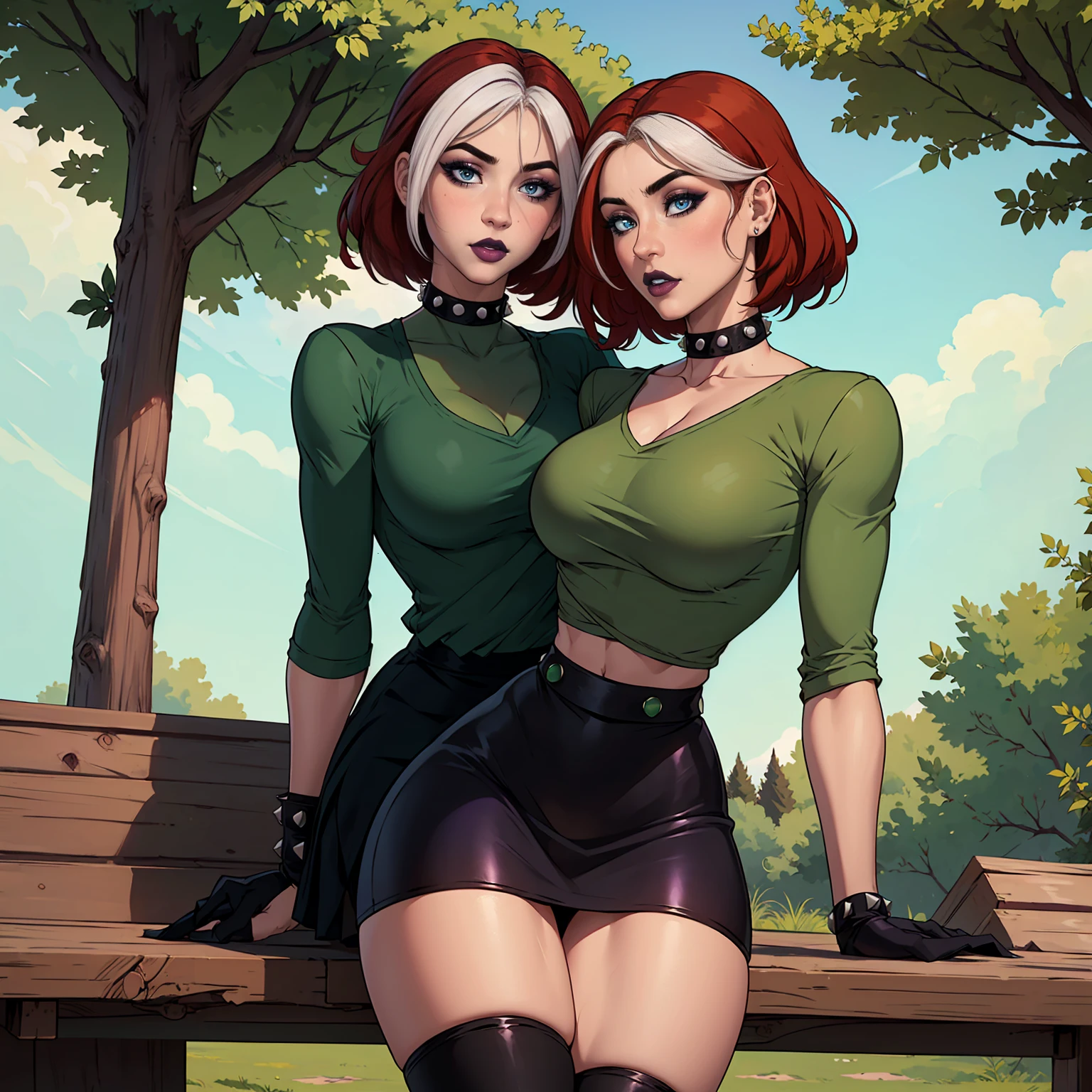 (work of art, best qualityer, ultra detali), 1 girl, RogueXME, two tone hair, (Red hair), whitebangs, greeneyes, purple makeup, Purple Lipstick, studded collar, medium breasts, green shirt, Black Skirt, mini-skirt, plein-air