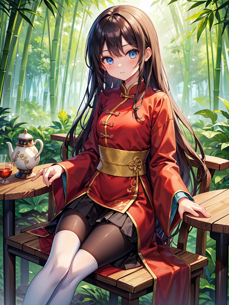chinese_dress,bamboo_forests,sitting_on_chair,perfect_quality,perfect_anatomy,perfect_body,masterpiece,beautiful,zettai_ryoiki,best quality,cute face,beautiful,masterpiece,bronde long hair,blue eyes,cute face,