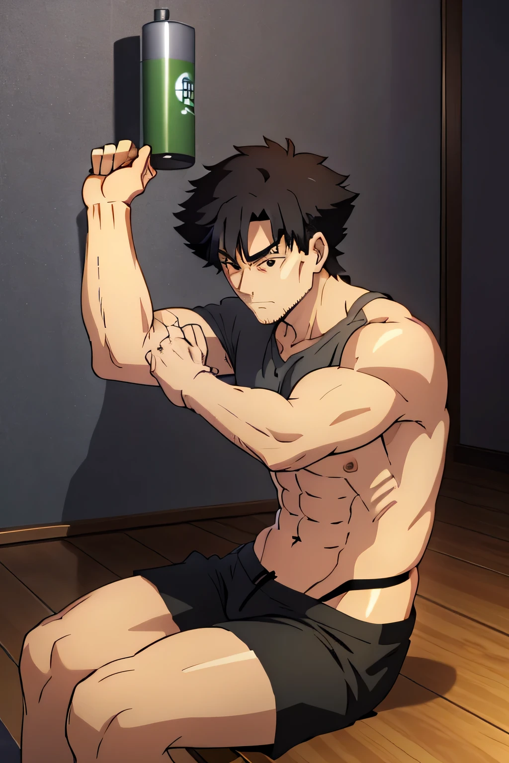 Kiritsugu is sitting and flexing his arms. He wears black short boxershorts. You can see his thighs completely. He wears a black tshirt with short sleeves. His right sleeve is completely rolled up, so you can see his entire arm and shoulder. He has a huge bulge. You can see his abs too.
