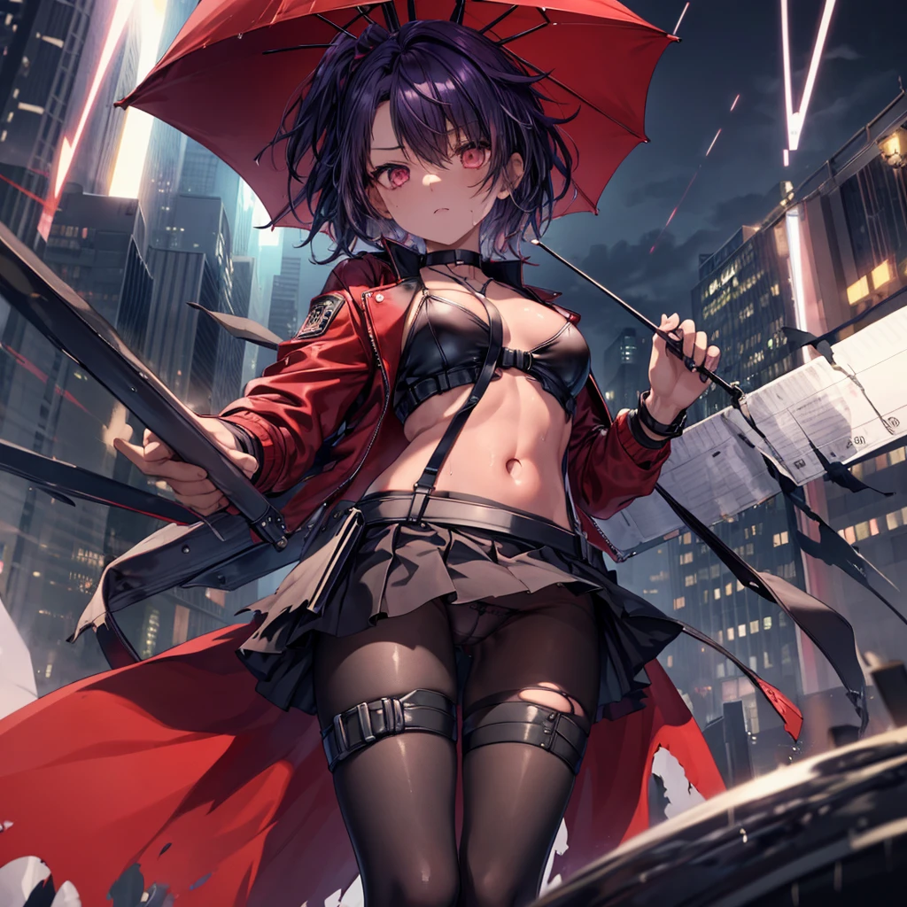 ((Highest quality)), ((masterpiece)), ((detailed)), (4K), 1girl, 独奏, red eye, (eyepatch), short hair, messy hair, black purple hair, crop top, leather jacket, medium breasts, Torn miniskirt, suspender skirt, torn pantyhose, panties under pantyhose, choker, bracelet, (rain), (wet), gloves, see through, (expressionless), scowl, (from below), (looking down), looking at viewer, (open legs), wasteland, town