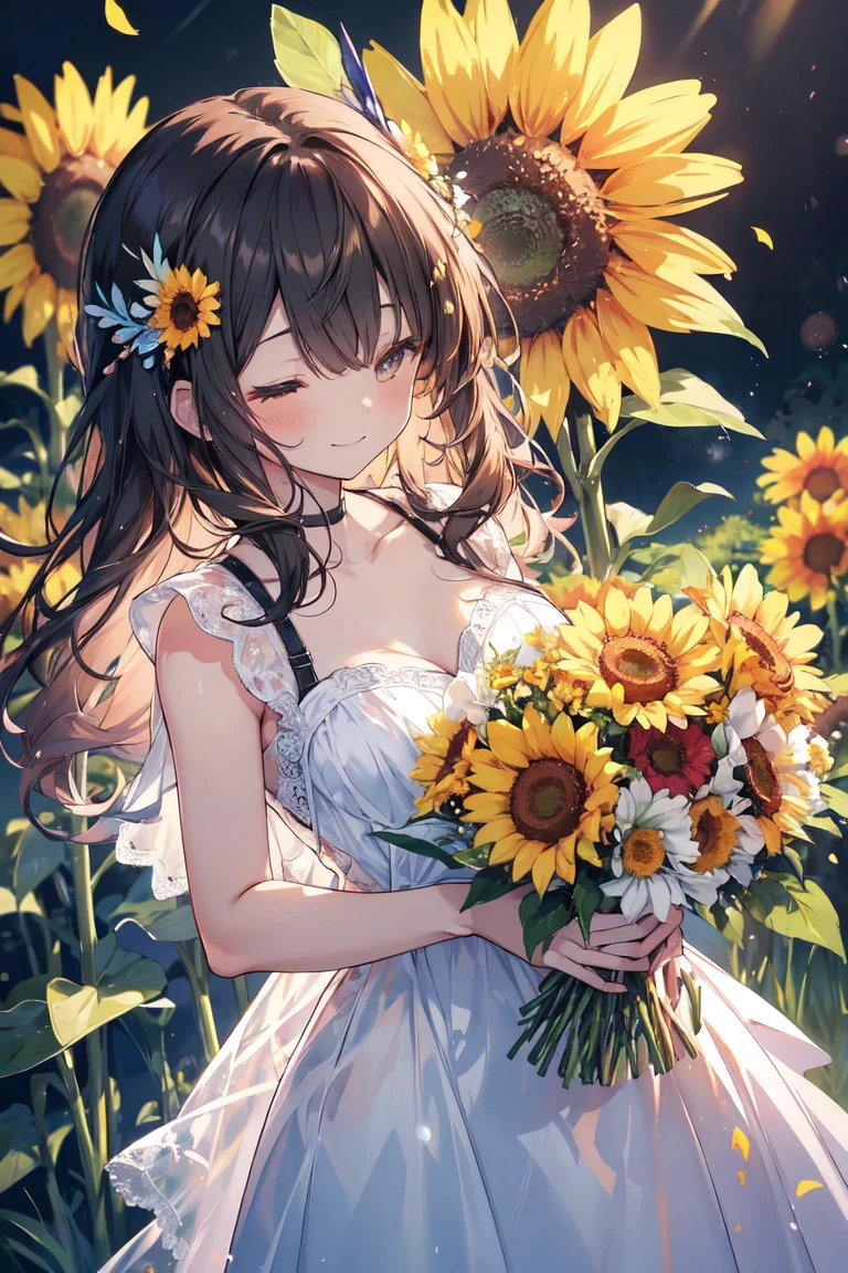 a woman wearing a it is Holding a flower束 of flowers walking in front of a background of bright yellow flowers with grass in the background, 1 Girl, it is, One, dress, close your eyes, long hair, flower, smile, null, hair, straw it is, Open your mouth, white dress, flower束, Brown hair, Holding, flowerびら, Outdoors, twin hairs, cloud, Facing the audience, yellow flower, blue null, sunflower лучший рейтинг на pixiv, Beautiful anime art, Beautiful and detailed anime art ((Ideal anatomy)) ((Two pairs of hands)) ((Ideal anatomy)) 5 fingers on each hand