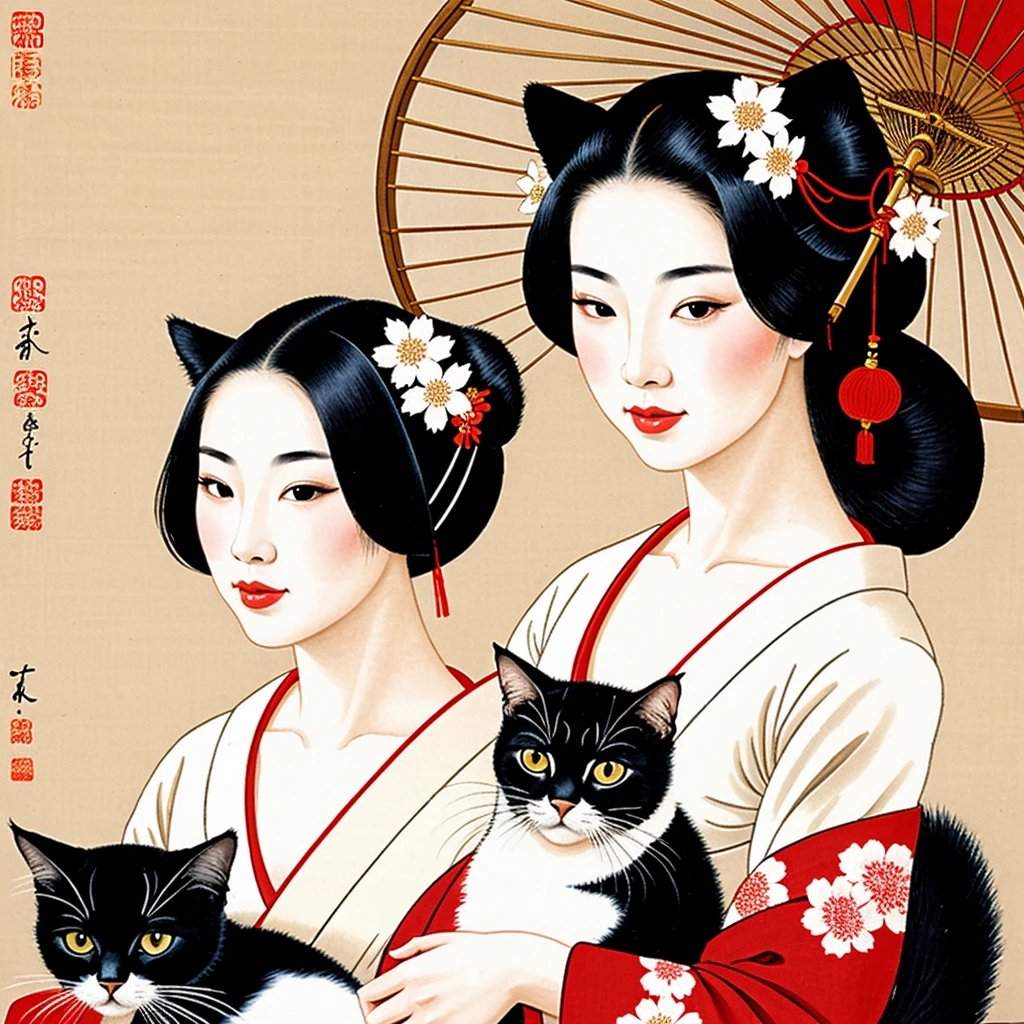 Geisha Stroking a Cat Sexy Sensual Beautiful Japanese Flowers Japanese Painting Drawing