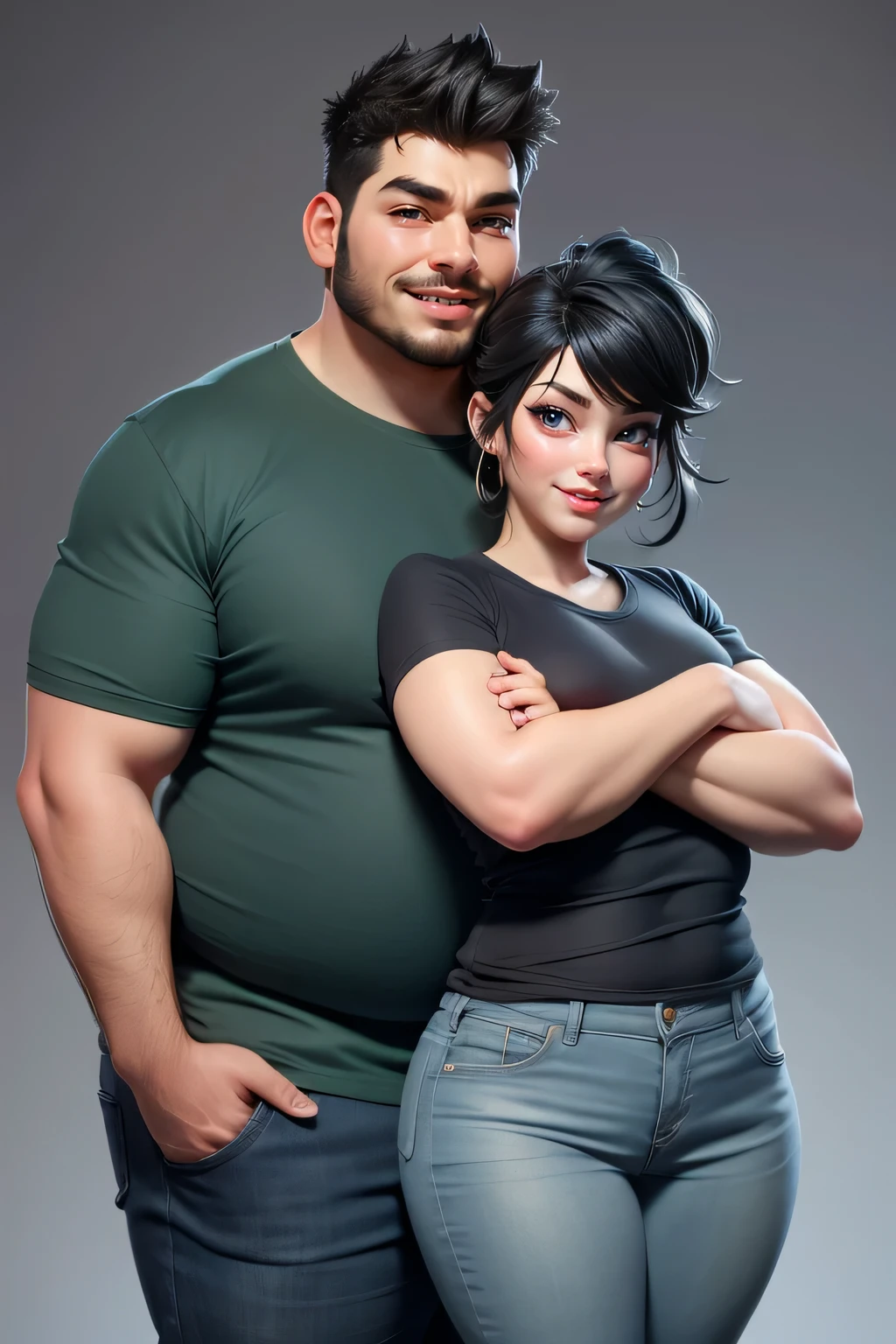 A couple,1 fat man (25yo) , , sexy pose, handsome face, random  hairstyle, , seductive smile, black casual t  shirt, short pants, A hyper realistic carricature ,photorealism,of a 1 skinny woman 25 yo.with random hair style,standing.wearing green casual shirt ,jeans ,light smile, high detail,3d render,high definition. .grey background