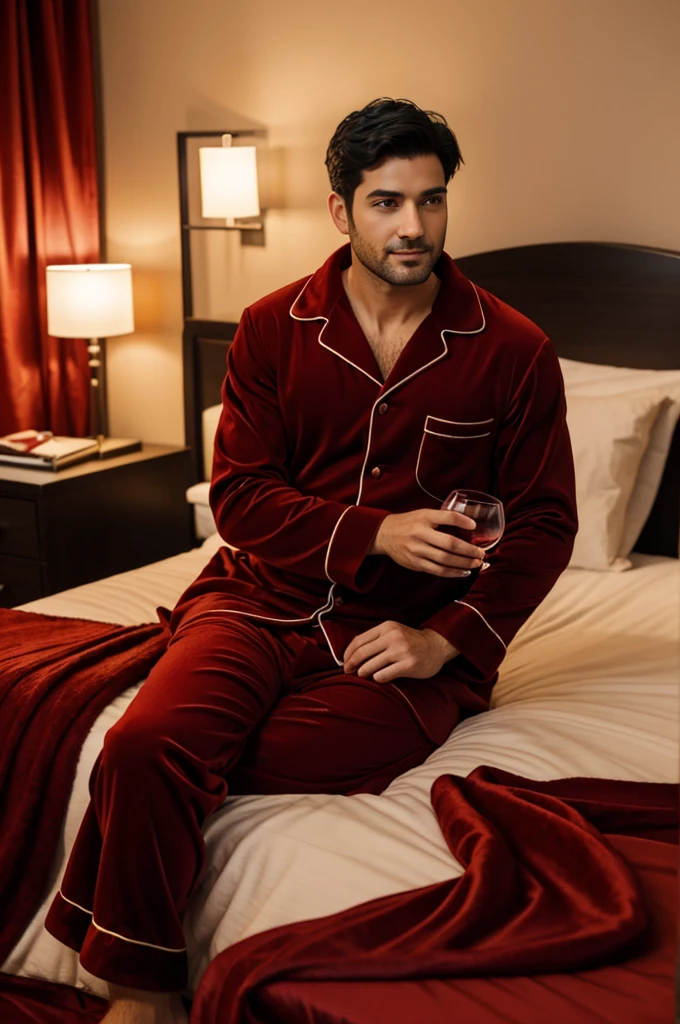 A young man in his 30s with a glass of wine in his hand, Cinnamon skin, short black hair, dressed in red wool pajamas sitting on a bed with red silk sheets in a Wolf hotel room 