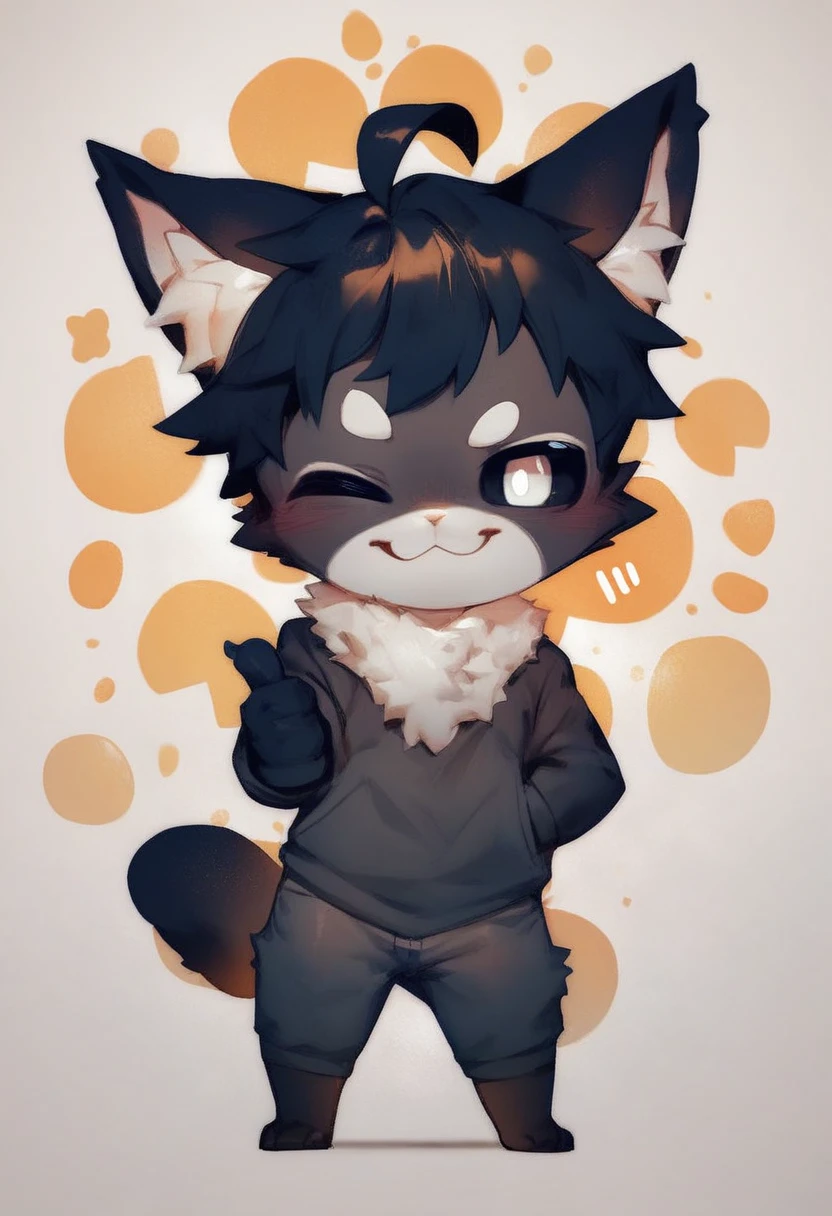 score_9, score_8_up, score_7_up, detailed background, by riyo_(lyomsnpmp), 1boy, solo, anthro cat, black sclera, white iris, white pupil, black fur, short black hair, black fur, simple background, chibi, absurd res, thumbs up, standing, front view, wink, 