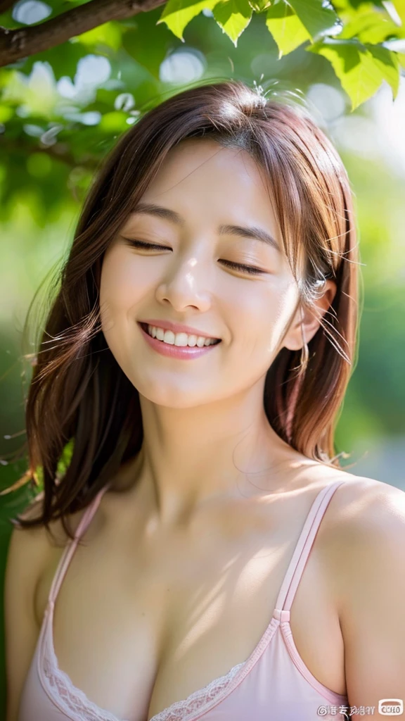 ((最high quality, 8k, masterpiece: 1.3)), (close:0.75), Realistic, Sharp focus, high quality, High resolution, Japanese women、18-year-old、Idol face、Chubby body type、Her breasts are huge, measuring 40 inches. {Floral dress}, ((Very strong sunlight)), smile, Brown hair ponytail,Looking at the camera from the shade of a tree with eyes and mouth closed、Upper body image、smileのアップ8K画像、