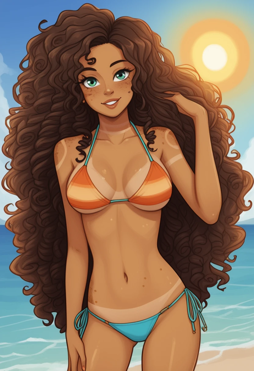 a naked girl, curly hair, slightly olive skin, with sun marks in the shape of a bikini