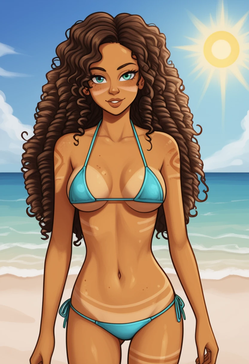 a naked girl, curly hair, slightly olive skin, with sun marks in the shape of a bikini