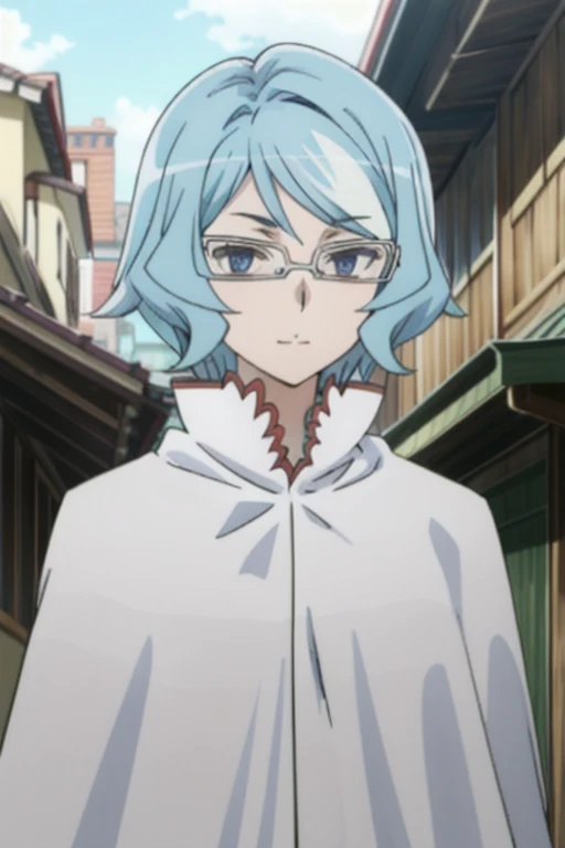 tall body, tall, long legs, mature female, mature, adult, eft_danmachi_blue, glasses, 1girl, female focus, solo, upper body, looking at viewer, blue hair, blue eyes, grey hair, parody, short hair, white cape, closed mouth, expressionless, anime coloring, smile 