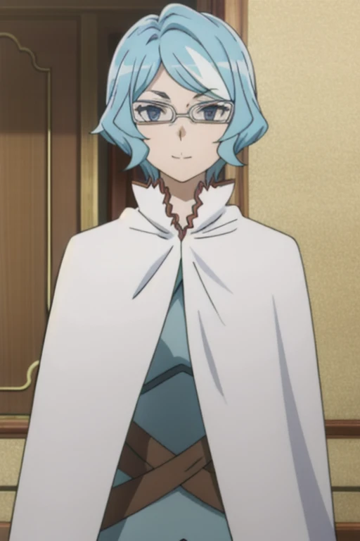 tall body, tall, long legs, mature female, mature, adult, eft_danmachi_blue, glasses, 1girl, female focus, solo, upper body, looking at viewer, blue hair, blue eyes, grey hair, parody, short hair, white cape, closed mouth, expressionless, anime coloring, smile