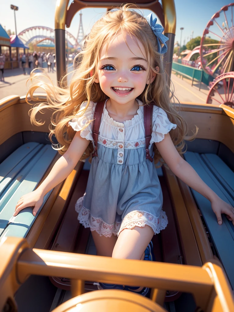 Best picture quality, detailed eyes, adorable 5  girl, laughing hysterically in the front seat of a roller coaster, happy smile, amazingly large sparkling eyes, long eyelashes, long golden hair, neat , friendly and bright smile, busy amusement park in the background,