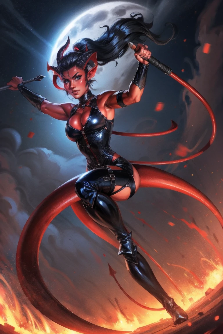 Red skin succubus tiefling, medium breasts, black horns, wings, huge tail, black leather, tall, athletic, graceful, thin, long black ponytail. Action scene, whip. Dark scene, explosions, night sky.
