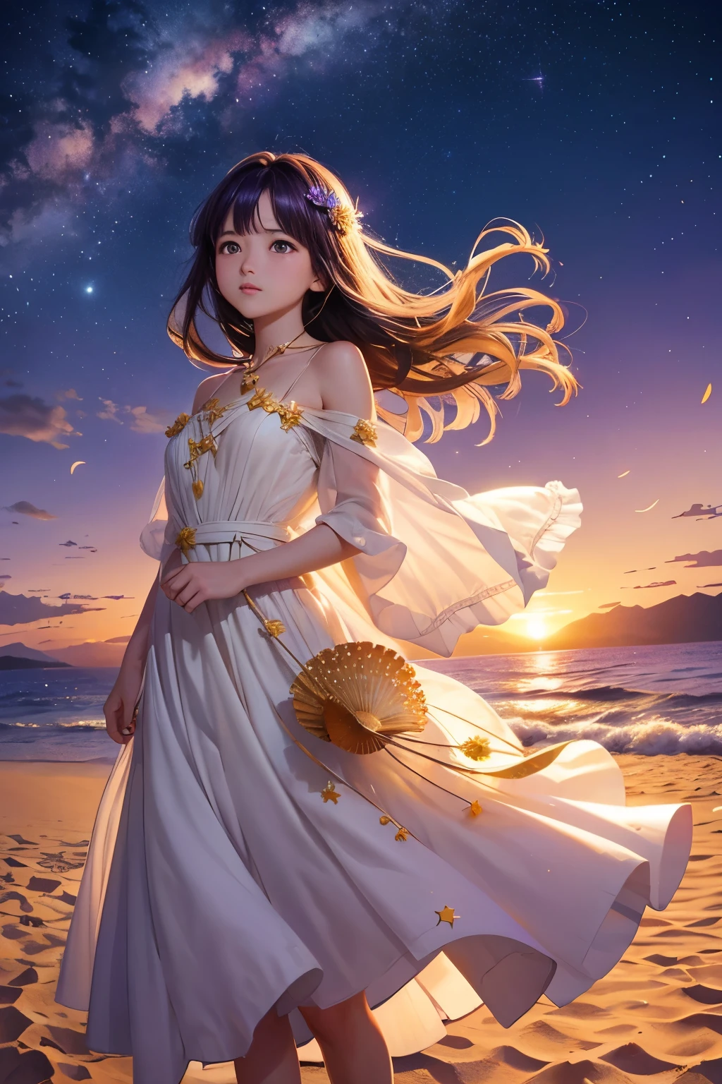 Riding on a star-covered dandelion shell、Drifting across the purple and orange sky、Lost in the sands of time Floating on the winds of a changing world。.