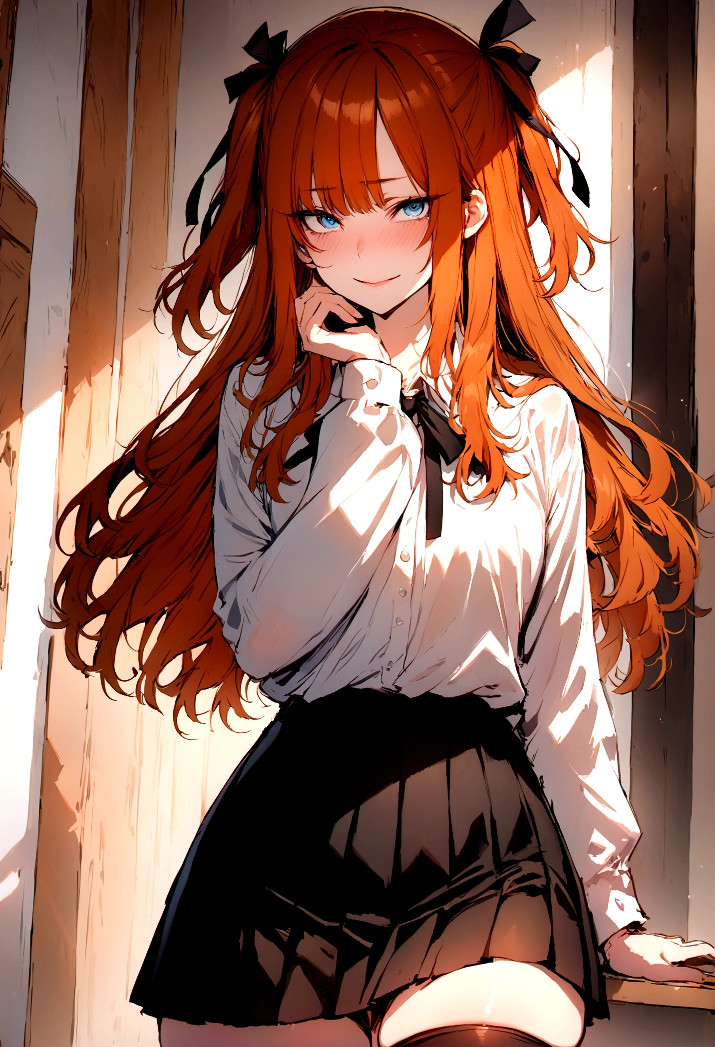 (masterpiece), best quality, expressive eyes, perfect face, 1girl, solo, blue eyes, dark orange Hair, Loose hair, hair ribbon, long hair, black ribbon, sidelocks, bangs two side up, smile, black skirt, black thigh-highs, long sleeves, miniskirt, pleated skirt, white blouse, thigh-highs,  looking at viewer,