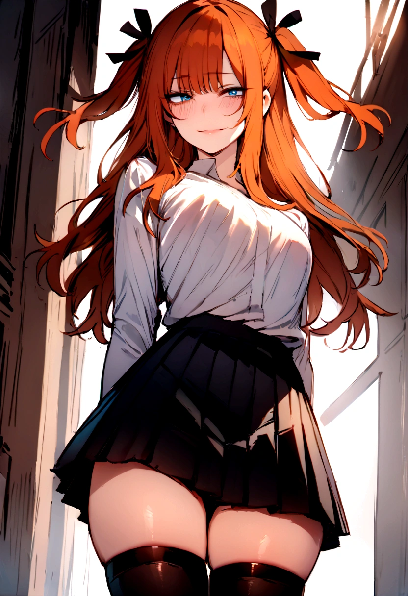 (masterpiece), best quality, expressive eyes, perfect face, 1girl, solo, blue eyes, dark orange Hair, Loose hair, hair ribbon, long hair, black ribbon, sidelocks, bangs two side up, smile, black skirt, black thigh-highs, long sleeves, miniskirt, pleated skirt, white blouse, thigh-highs, looking at viewer,