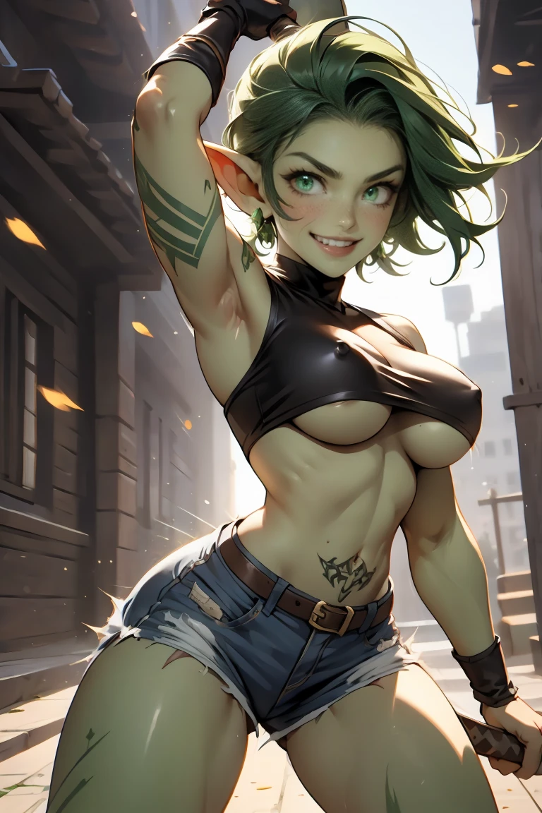4k, extremely muscular goblin tomboy, brash, confident, green skin, pointy ears, green eyes, short length messy green punk hair, very small breasts, many tattoos, face tattoo, 1girl, solo, wearing black crop top, underboob, daisy duke shorts, leather armor, motion, motion blur, dynamic pose, action pose, cinematic, swinging a sword at a practice dummy, practicing, hitting hard, slashing, slicing, bouncing breasts, fast movement, bouncy breasts, grinning, happy, very detailed eyes, fierce, dangerous, sexy, holding sword, attacking