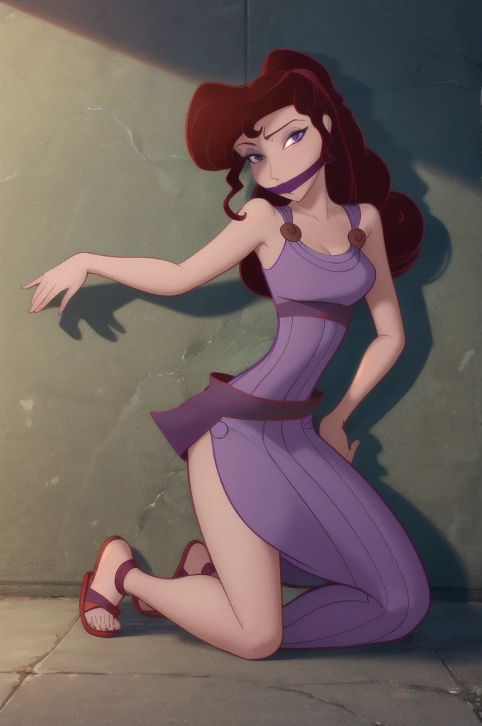 score_9,score_8_up,score_7_up,score_6_up, source_cartoon, BREAK, 1girl, disney, megara, brown hair, purple eyes, purple dress, tied up with arms to her sides by gray rope around her torso and waist, OTM-gagged, kneeling down, red sandals, looking apprehensively at viewer