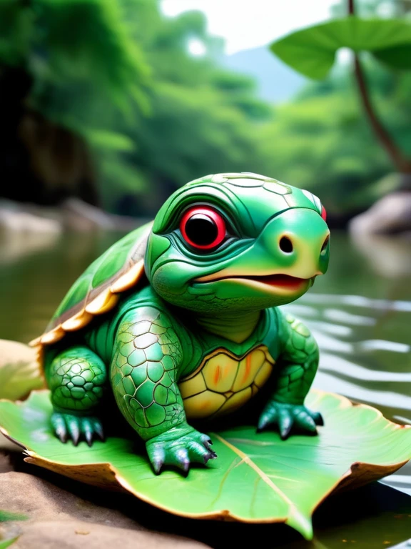 Please draw a realistic image of a kappa sitting by a river。Kappa have green skin、It has a turtle-like shell on its back。On top of its head is a small plate on top of a large leaf.、There is water there。The kappa's face has a slightly innocent look.、holding a small fish in hand。The background is the natural scenery of Japan.、The clear water of the river flows quietly。The kappa's appearance is realistic and detailed.、Make sure its unique features are clearly visible。