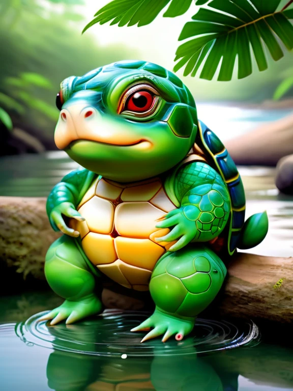 Please draw a realistic image of a kappa sitting by a river。Kappa have green skin、It has a turtle-like shell on its back。On top of its head is a small plate on top of a large leaf.、There is water there。The kappa's face has a slightly innocent look.、holding a small fish in hand。The background is the natural scenery of Japan.、The clear water of the river flows quietly。The kappa's appearance is realistic and detailed.、Make sure its unique features are clearly visible。