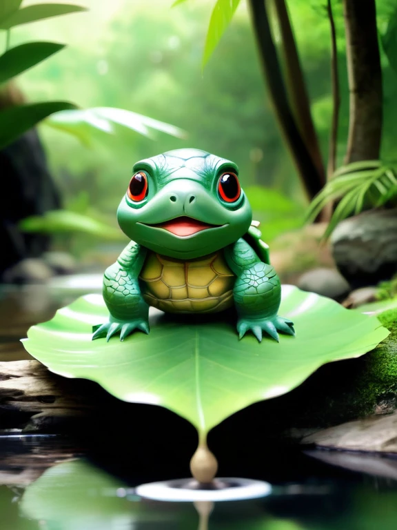 Please draw a realistic image of a kappa sitting by a river。Kappa have green skin、It has a turtle-like shell on its back。On top of its head is a small plate on top of a large leaf.、There is water there。The kappa&#39;s face has a slightly innocent look.、holding a small fish in hand。The background is the natural scenery of Japan.、The clear water of the river flows quietly。The kappa&#39;s appearance is realistic and detailed.、Make sure its unique features are clearly visible。