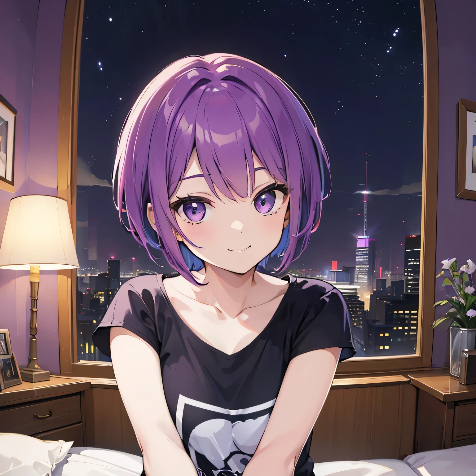 (T Masterpiece,4k wallpaper,Best Quality))、((girl1people))、(solo)、Bright and Brilliant,(Purple Hair)、(short hair:1.3)、smile、Bedroom、T-Shirts、night