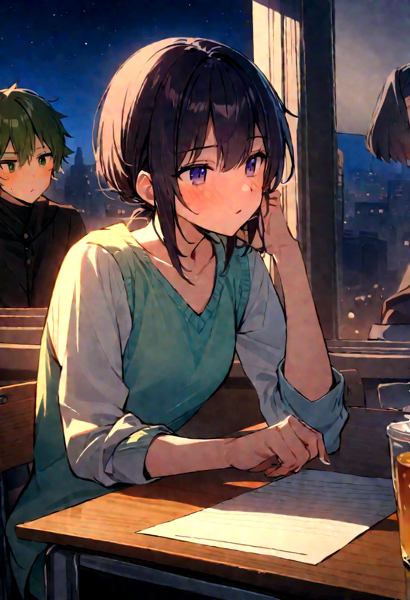 ((Best Picture Quality)), ((Masterpiece)), (Detail), Young man and woman in their 20s, sitting at a desk, discussing, night, correct facial shape, normal body, (score_9, score_8_up, score_7_up, score_6_up, score_5_up, score_4_up, High resolution, 4K)