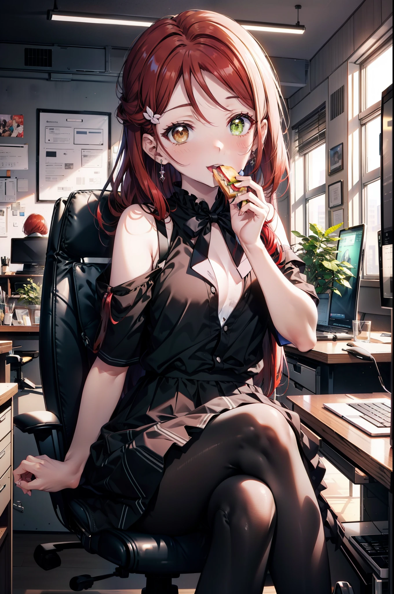 rikosakurauchi, Riko Sakurauchi, (Brown eyes:1.5), Hair between the eyes, Long Hair, (Redhead:1.5), (Small breasts:1.2), smile,blush,Open your mouth,Cold Shoulder Shirt,Short sleeve,Long skirt,Black pantyhose,Stiletto heels,Sitting in a chair,is holding a sandwich with both hands and eating it,There is a computer and a sandwich on the table.,interior,So that the whole body goes into the illustration,
break looking at viewer, 全身
break outdoors, office,
break (masterpiece:1.2), Highest quality, High resolution, unity 8k wallpaper, (figure:0.8), (Beautiful attention to detail:1.6), Highly detailed face, Perfect lighting, Highly detailed CG, (Perfect hands, Perfect Anatomy),