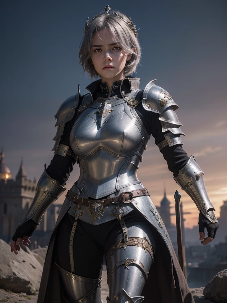 Masterpiece，Best quality，High resolution，8K，((Portrait))，(Head close-up)，Original photo，Real photo，Digital photo，(Female adventurer in medieval fantasy)，(Medieval female warrior in fantasy style)，20 years old girl，((Short gray hair))，((Eyes red，Devil's eyes)，Jewelry，Shut up，Beautiful elegant，((Frowning face, angry)))，Arrogant，Noble and charming，(fantasy battle suit，Fancy battle armor，Knight's gorgeous armor，Metal luster，Delicate magical insignia)，(Devil's body)，Crown，(Battle girl)，Pose for photo，Medieval personality style，Night，Ancient city background，OC render reflection texture

Translated with DeepL.com (free version)