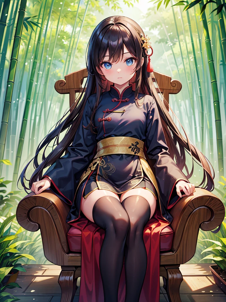 chinese_dress,bamboo_forests,sitting_on_chair,perfect_quality,perfect_anatomy,perfect_body,masterpiece,beautiful,zettai_ryoiki,best quality,cute face,beautiful,masterpiece,bronde long hair,blue eyes,cute face,