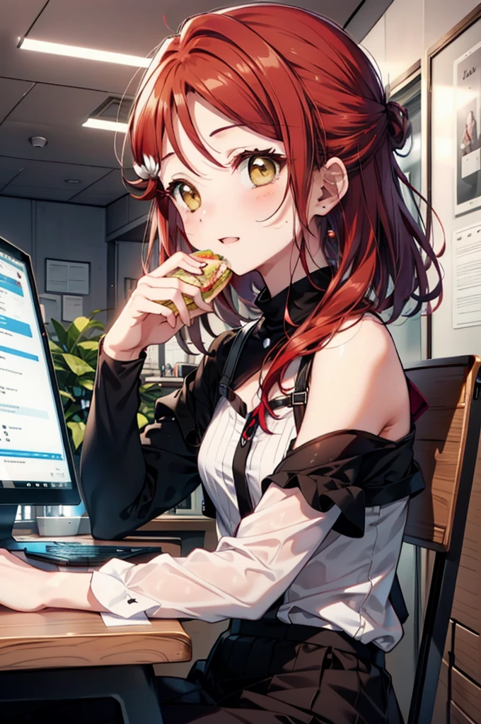 rikosakurauchi, Riko Sakurauchi, (Brown eyes:1.5), Hair between the eyes, Long Hair, (Redhead:1.5), (Small breasts:1.2), smile,blush,Open your mouth,Cold Shoulder Shirt,Short sleeve,Long skirt,Black pantyhose,Stiletto heels,Sitting in a chair,is holding a sandwich with both hands and eating it,There is a computer and a sandwich on the table.,interior,So that the whole body goes into the illustration,
break looking at viewer, 全身
break outdoors, office,
break (masterpiece:1.2), Highest quality, High resolution, unity 8k wallpaper, (figure:0.8), (Beautiful attention to detail:1.6), Highly detailed face, Perfect lighting, Highly detailed CG, (Perfect hands, Perfect Anatomy),