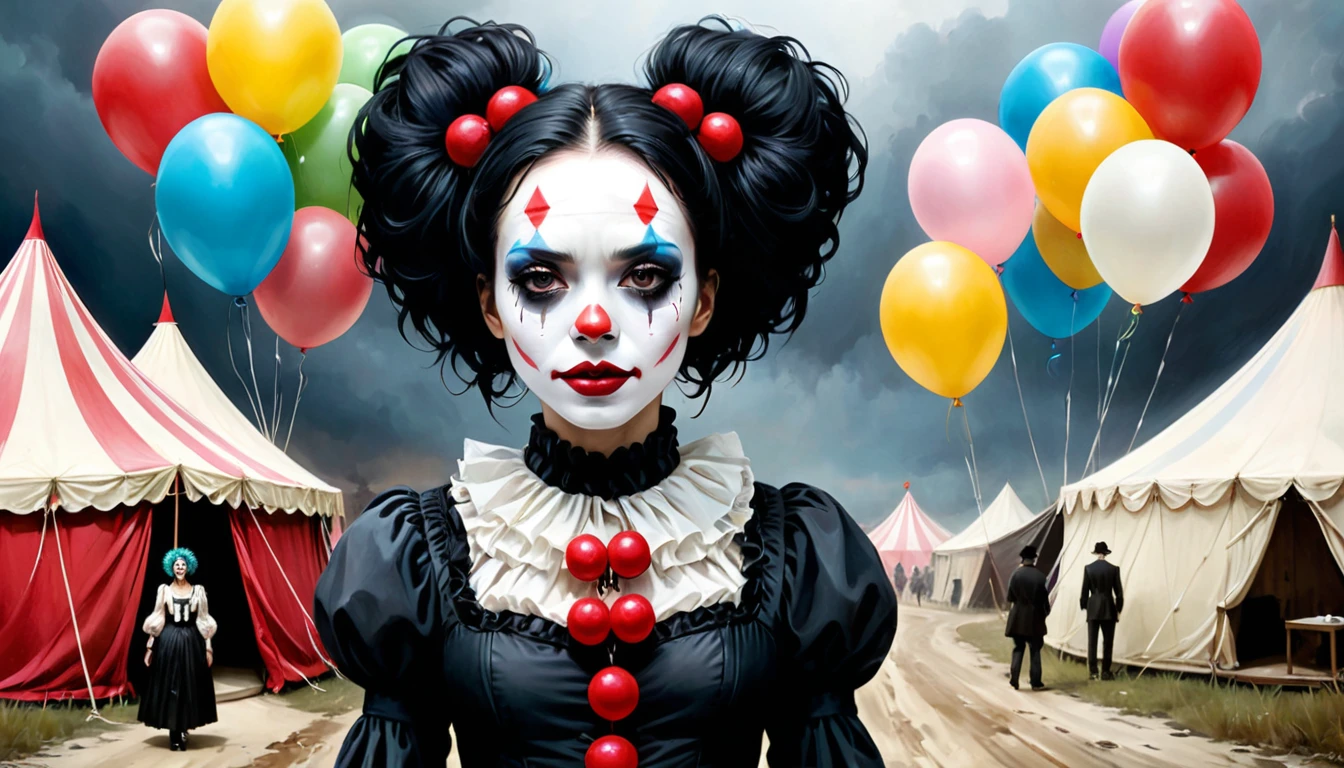 spiderwebs, skulls, wallpaper, there is ugliness in beauty, but there is also beauty in ugliness. desolate, abstract, surrealistic, cotton candy, swamp, funeral, futuristic,in the style of adrian ghenie, esao andrews, jenny saville, edward hopper, surrealism, dark art by james jean, takato yamamoto, inkpunk minimalism, voodoo princess with black hair and black eyes, skinny and extremely beautiful face, creepy clowns in the background, clown balloons and circus tents in the distance, scary creepy clown heads