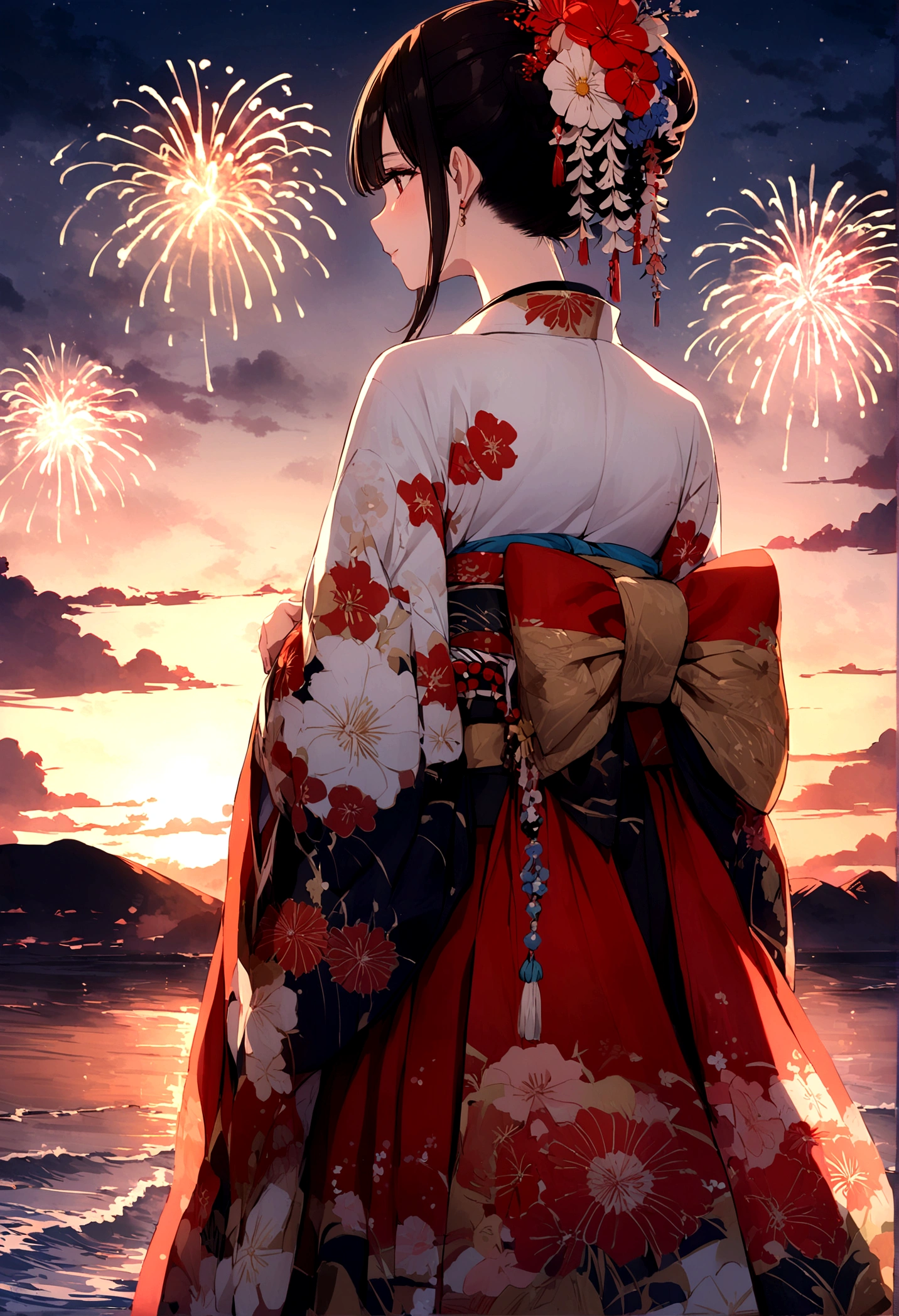 Summer，Overlooking，Back，coastal，firework，Aesthetic，kimono