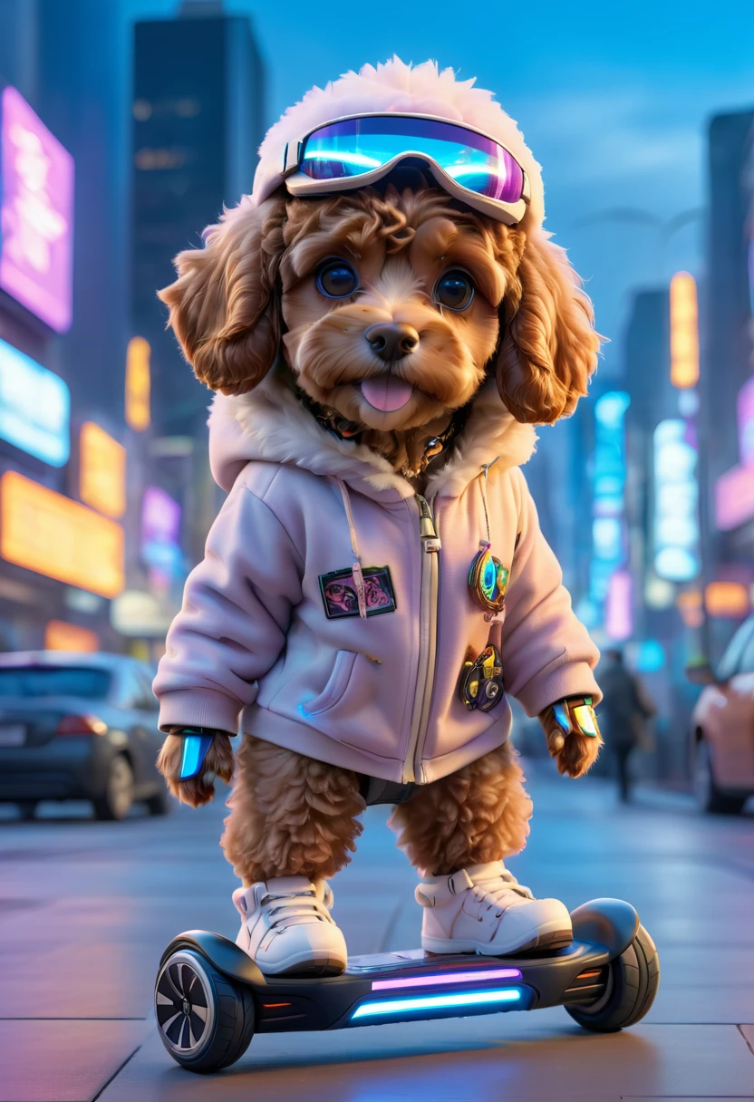 A cute brown Cavapoodle with fluffy fur wearing an urban outfit, one hoodie, and a futuristic visor hat, standing on a futuristic hoverboard in a high-tech cityscape with neon lights and holographic billboards. The background is modern and cyberpunk, with a high-tech vibe. Adorable Digital Painting, 3D rendered, bright lighting, vibrant colors, outside at night.