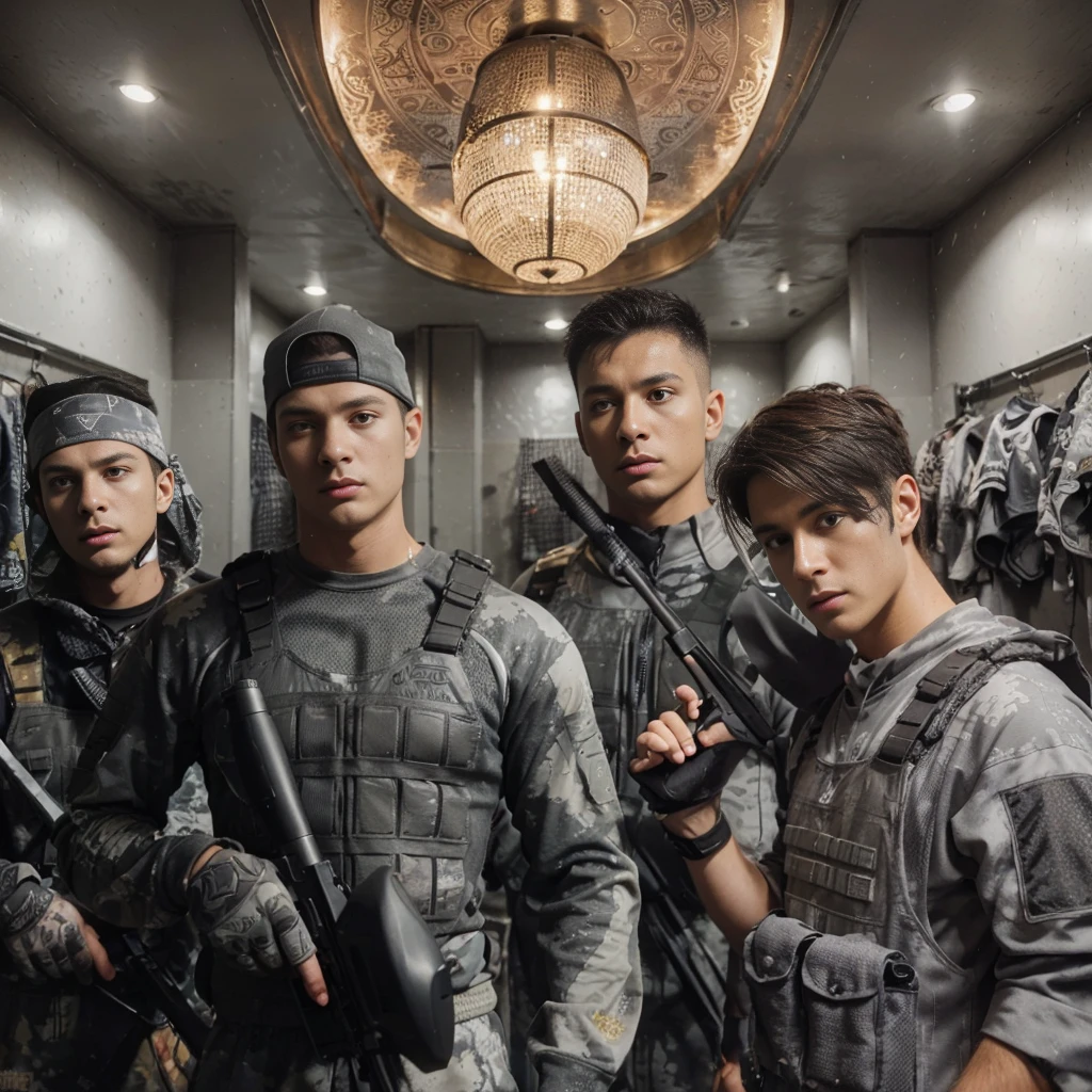 4 men paintball team, blurry background in the locker room, painted paintball costumes decorated in gray, realistic, cinematic, highly detailed, intricate design