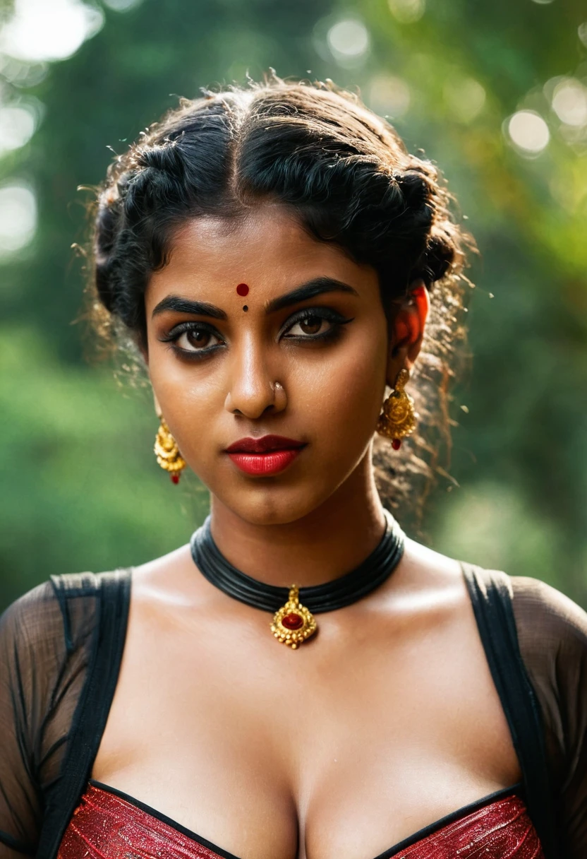 (((photo of a ancient kerala crowned temple goddess ))), (((black kali))) , (((Half Body))), (((very dark skin))), (((age 18+))), (((plus size chubby tall))), (((huge busty milky wet big massive boobs))), (((nude thick thigh))), (((ancient black mini skirt))), ((black skin dark body)), (((red ornaments))), (((depth of field))), ((( flame bokeh))), (((rain))), ((( flashing light leaks))), (((divine))), photorealistic,photo, realism, Getty Images, RAW candid cinema, 16mm, colour graded portra 400 film, remarkable colour, ultra realistic, textured skin, remarkable detailed pupils, realistic dull skin noise, visible skin detail, skin fuzz, dry skin, shot with cinematic,light leaks, RAW Image, DOF, depth of field,bokeh,mylocalgirl