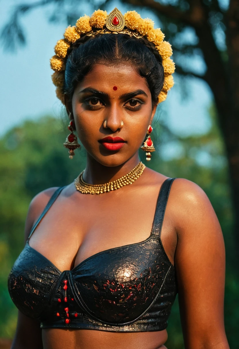 (((photo of a ancient kerala crowned temple goddess ))), (((black kali))) , (((Half Body))), (((very dark skin))), (((age 18+))), (((plus size chubby tall))), (((huge busty milky wet big massive boobs))), (((nude thick thigh))), (((ancient black mini skirt))), ((black skin dark body)), (((red ornaments))), (((depth of field))), ((( flame bokeh))), (((rain))), ((( flashing light leaks))), (((divine))), photorealistic,photo, realism, Getty Images, RAW candid cinema, 16mm, colour graded portra 400 film, remarkable colour, ultra realistic, textured skin, remarkable detailed pupils, realistic dull skin noise, visible skin detail, skin fuzz, dry skin, shot with cinematic,light leaks, RAW Image, DOF, depth of field,bokeh,mylocalgirl