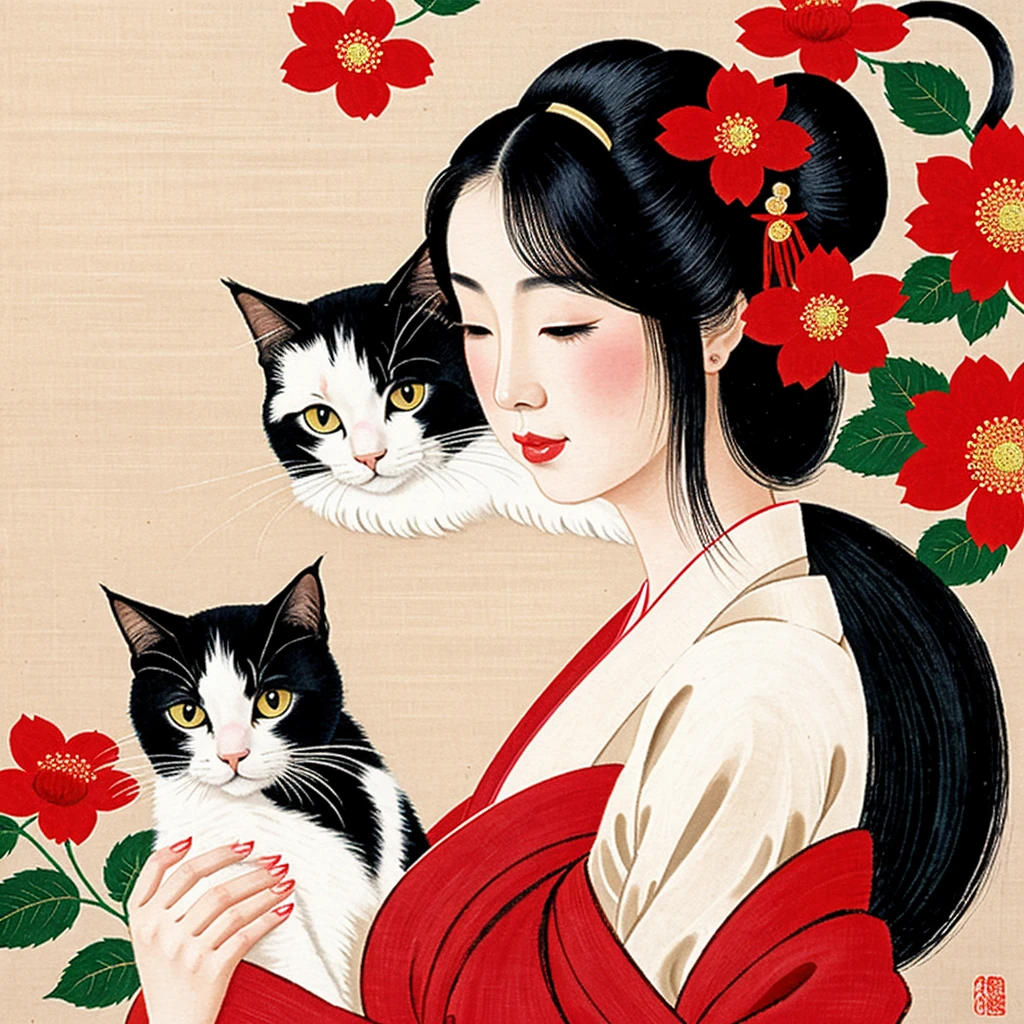 1 Geisha Stroking a cat Sexy Sensual Beautiful Japanese flowers Japanese painting Drawing