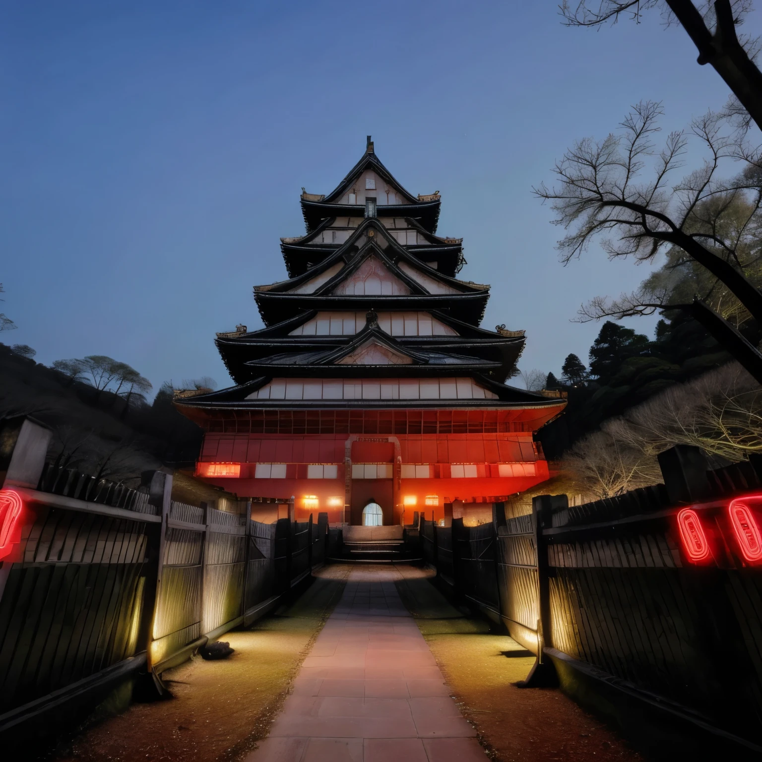Glowing pale (Neon Light:1.2) Himeji Castle World Heritage Site at Night, Glowing pale (Black light:1.2) Himeji Castle at night is a national treasure of Japan, break ((Highest quality, 8K))、Shining eerily,.Surrounded by forest,Broken Castle,Old castle,scared,ruins,Japanese Castle