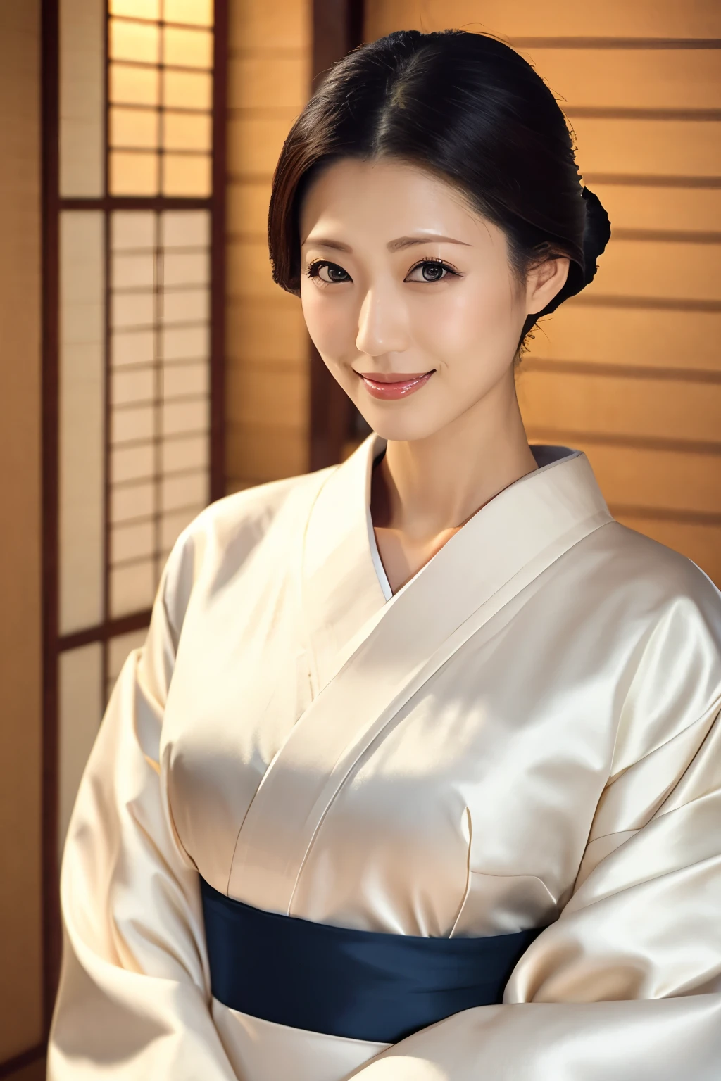(Highest quality、Tabletop、8K、Best image quality、Award-winning works)、(One beautiful mature woman:1.1)、Adult face、(Innkeeper:1.1)、(Elegant floral kimono:1.2)、(A kimono with a perfect and precise collar:1.2)、Perfect mature woman portrait photo、Glowing Skin、Standing Elegantly、(Blurred elegant and exquisite perfect Japanese style room background:1.3)、(The most natural and perfect tidy Japanese style room background:1.2)、Glowing White Skin、Very white skin、(Accentuate your body lines:1.1)、(The most graceful posture:1.2)、(Large Breasts:1.2)、A perfect smile、Perfect beautiful glossy lips、(Accurate anatomy:1.2)、(A perfect and elegant kimono:1.1)、(Standing with good posture:1.1)、(Beautiful, high-quality, large kimono obi:1.1)