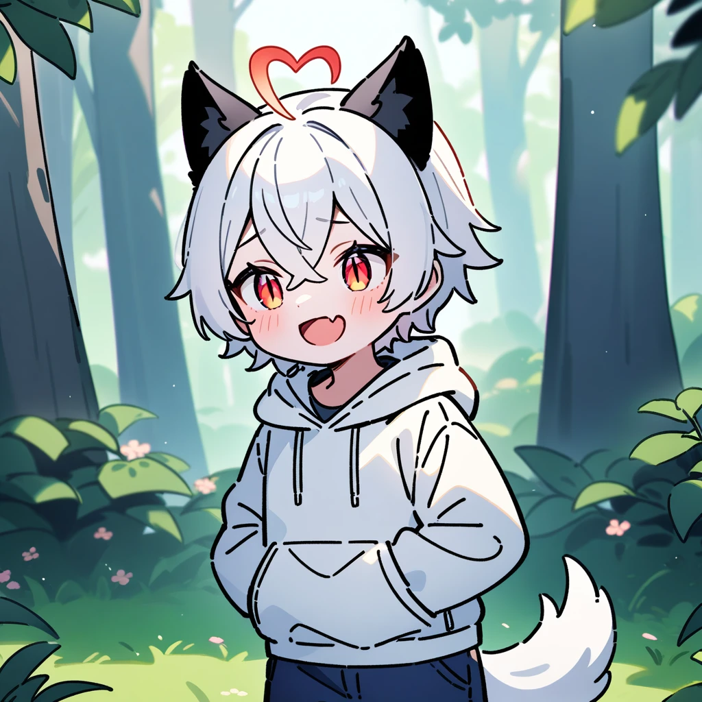 (masterpiece:1.2,high quality),8K,High resolution,A seven-year-old boy,cute boy,white hair,short hair,crossed bangs,red eyes,slit pupils,heart ahoge,black ears,cat ears,laughing,skin fang,red halo,Wearing a white hoodie,Dark blue shorts,Stand in the forest,There are flowering trees on both sides.,primary school student,thigh,alone,dog tail,(Put your hands in your pockets),((Put your hands in your pockets)),(((Comes in a bottle)))