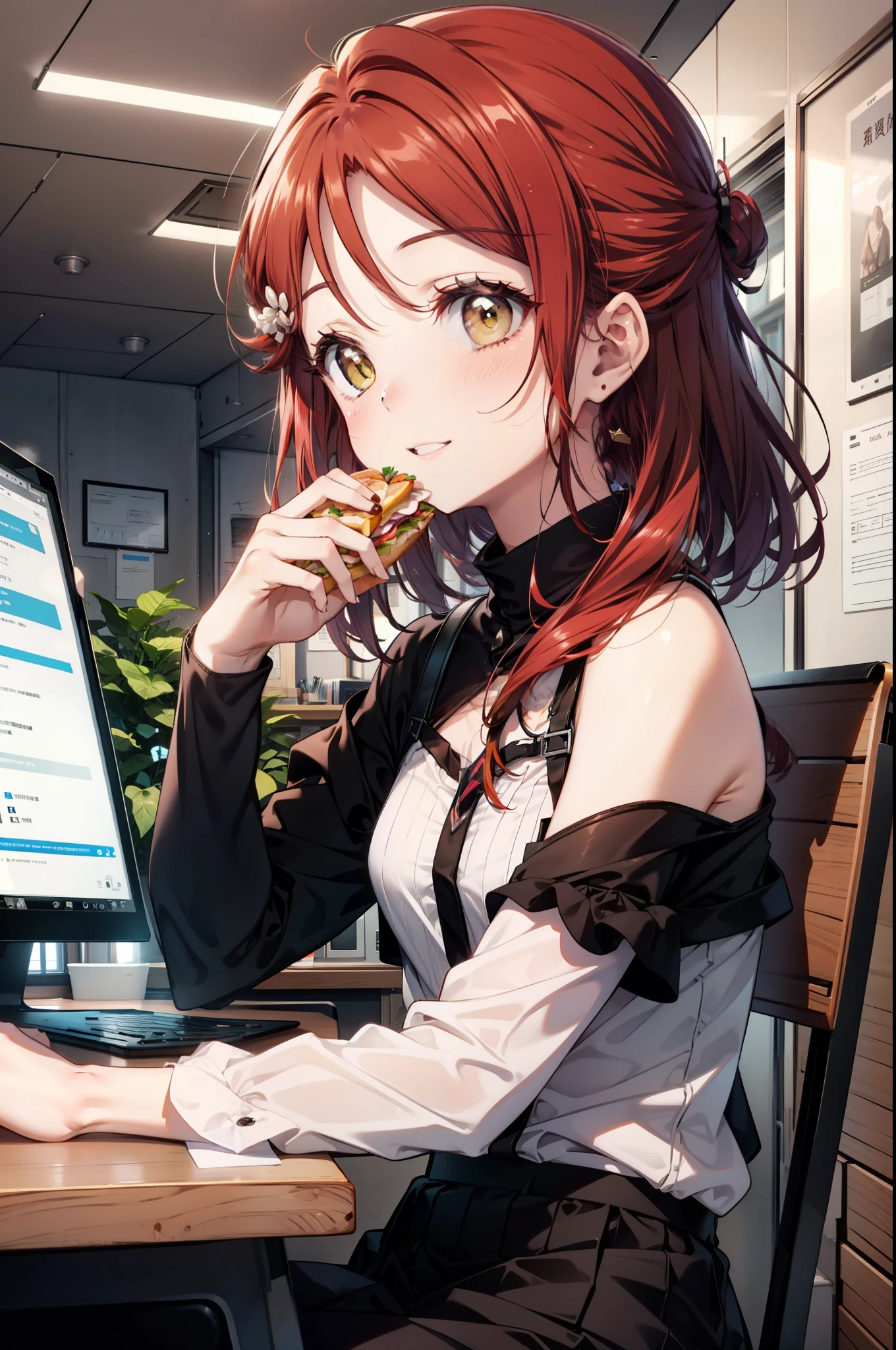 rikosakurauchi, Riko Sakurauchi, (Brown eyes:1.5), Hair between the eyes, Long Hair, (Redhead:1.5), (Small breasts:1.2), smile,blush,Open your mouth,Cold Shoulder Shirt,Short sleeve,Long skirt,Black pantyhose,Stiletto heels,Sitting in a chair,is holding a sandwich with both hands and eating it,There is a computer and a sandwich on the table.,interior,So that the whole body goes into the illustration,
break looking at viewer, 全身
break outdoors, office,
break (masterpiece:1.2), Highest quality, High resolution, unity 8k wallpaper, (figure:0.8), (Beautiful attention to detail:1.6), Highly detailed face, Perfect lighting, Highly detailed CG, (Perfect hands, Perfect Anatomy),