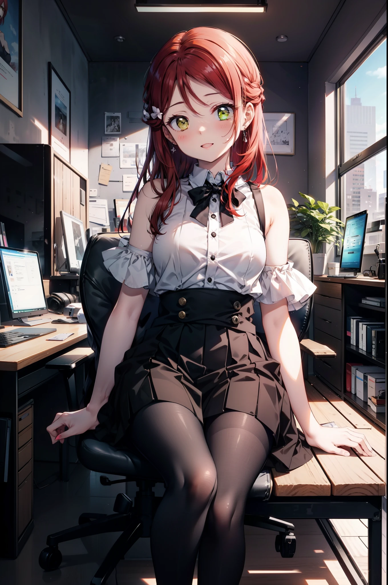 rikosakurauchi, Riko Sakurauchi, (Brown eyes:1.5), Hair between the eyes, Long Hair, (Redhead:1.5), (Small breasts:1.2), smile,blush,Open your mouth,Cold Shoulder Shirt,Short sleeve,Long skirt,Black pantyhose,Stiletto heels,Sitting in a chair,is holding a sandwich with both hands and eating it,There is a computer and a sandwich on the table.,interior,So that the whole body goes into the illustration,
break looking at viewer, 全身
break outdoors, office,
break (masterpiece:1.2), Highest quality, High resolution, unity 8k wallpaper, (figure:0.8), (Beautiful attention to detail:1.6), Highly detailed face, Perfect lighting, Highly detailed CG, (Perfect hands, Perfect Anatomy),