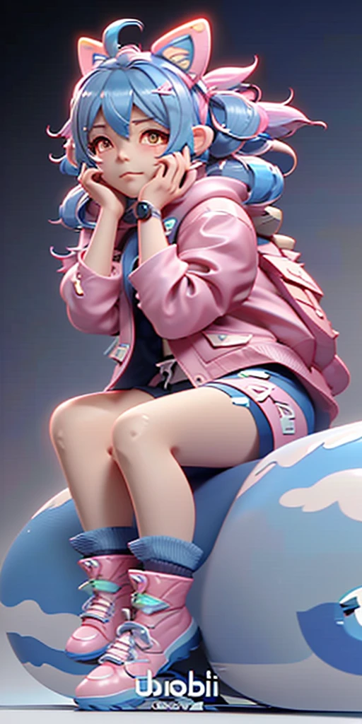 masterpiece,best quality,8k,cinematic light,ultra high res,chibi,1girl,bag,backpack,solo,multicolored hair,shorts,star \,(symbol\),blue hair,hood,sitting,pink hair,star hair ornament,head rest,socks,pink footwear,black shorts,hair ornament,full body,boots,bandaid,gradient,twintails,jacket,