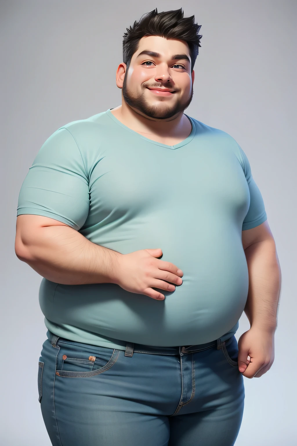 A couple,1 fat man (25yo) , , sexy pose, handsome face, random  hairstyle, , seductive smile, white casual t  shirt, short pants, A hyper realistic carricature ,photorealism,of a 1 skinny woman 25 yo.with random hair style,standing.wearing green casual shirt ,jeans ,light smile, high detail,3d render,high definition. .grey background