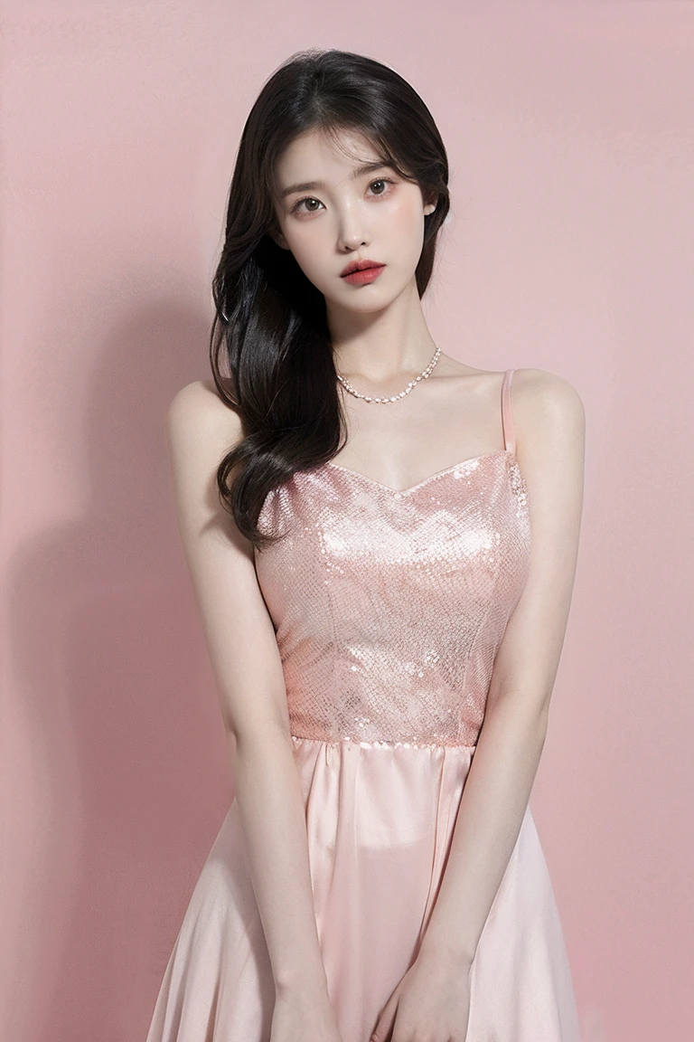 21yo girl, beautiful dress, pink background