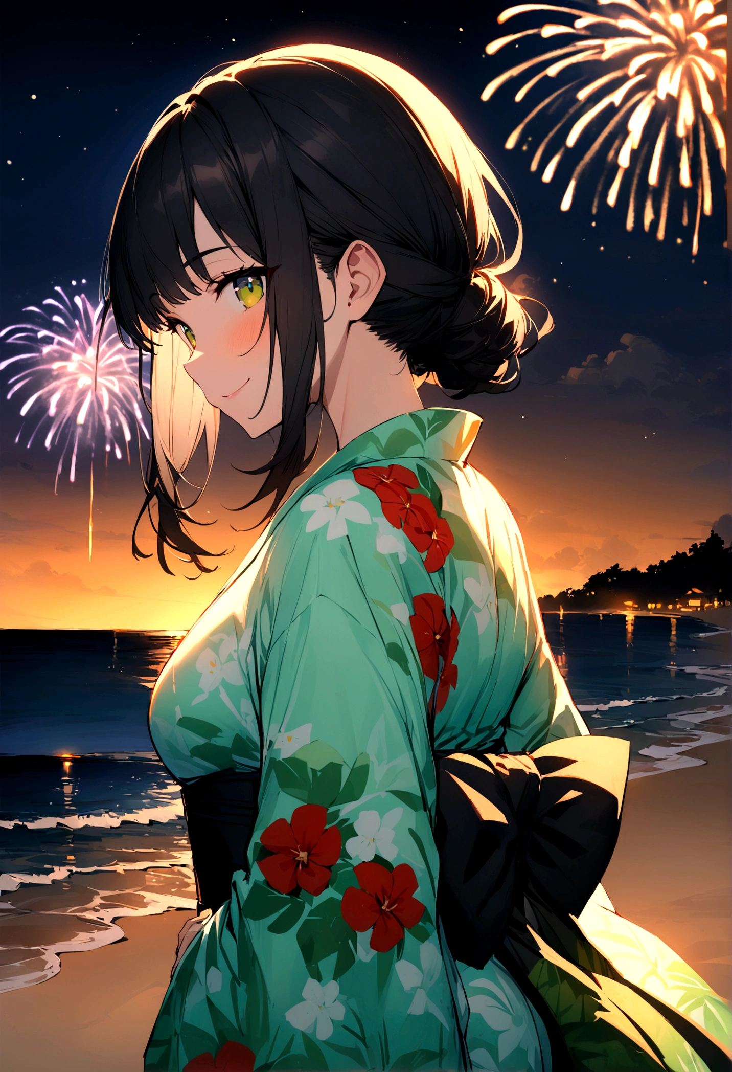 masterpiece, best quality, Summer Kimono, Flowering, firework, firefly,reed bush, Smile, Night Sky, Black hair,(Back),Beach