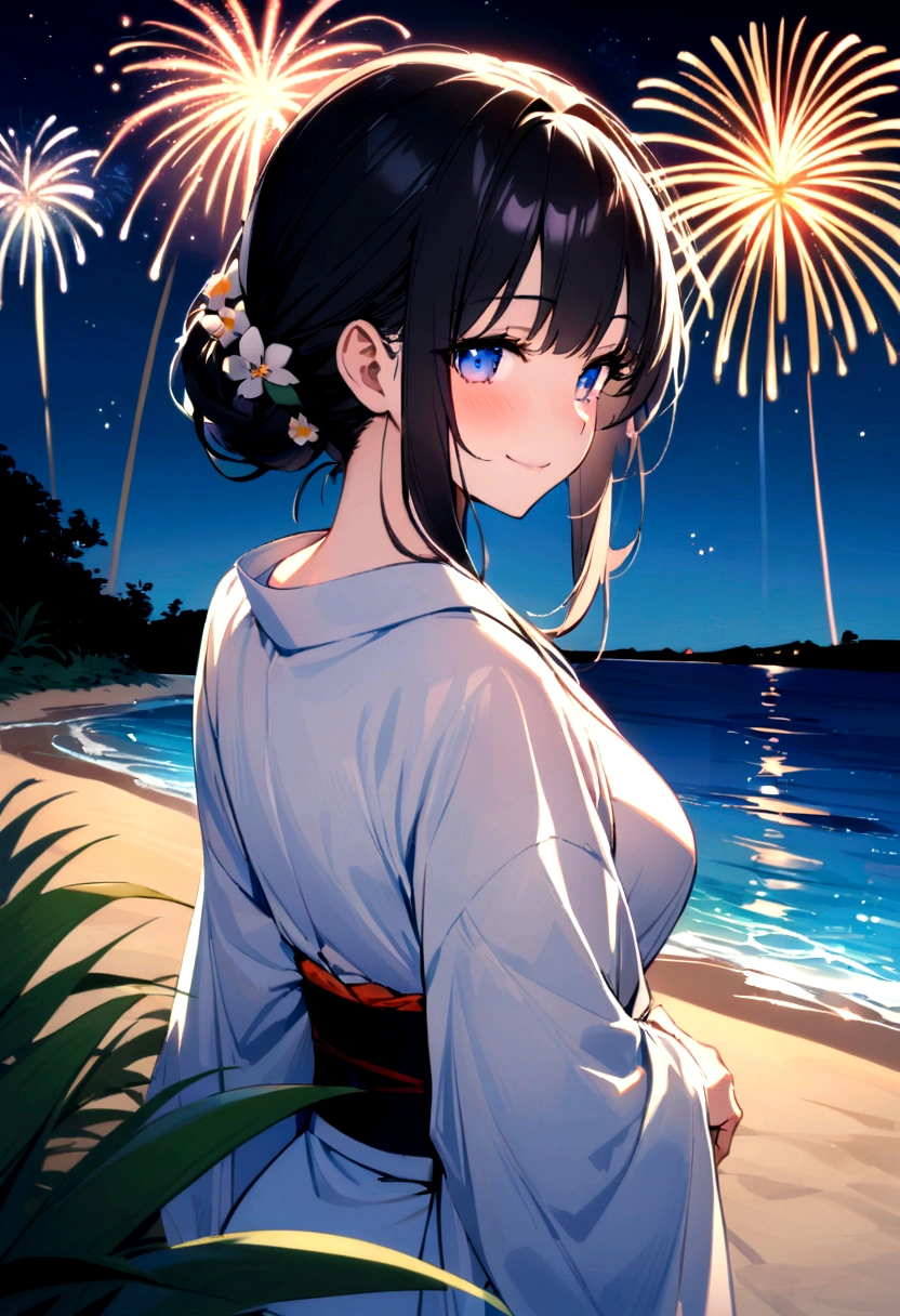masterpiece, best quality, Summer Kimono, Flowering, firework, firefly，reed bush, Smile, Night Sky, Black hair，（Back），Beach