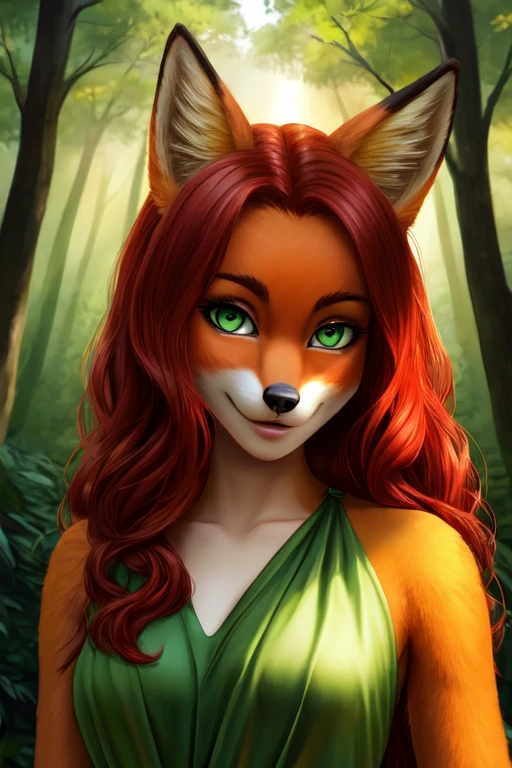 Drawing of an anthropomorphized fox with orange fur, long red hair, expressive green eyes, Wearing a green dress, in a sunlit forest setting