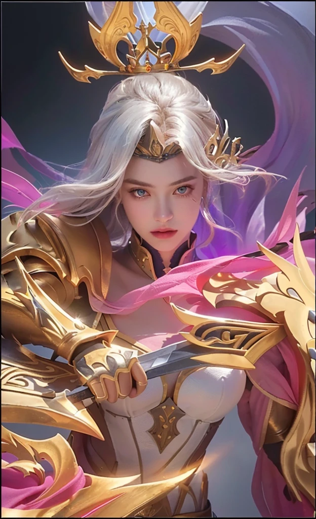 a woman with a sword and a crown on her head, portrait of a knights of zodiac girl, freya, beautiful detailed eyes, beautiful detailed lips, extremely detailed eyes and face, long eyelashes, intricate armor, dramatic lighting, cinematic composition, vibrant colors, digital painting, concept art style, high fantasy, epic, heroic, powerful, majestic, magical, mystical, (best quality,4k,8k,highres,masterpiece:1.2),ultra-detailed,(realistic,photorealistic,photo-realistic:1.37)